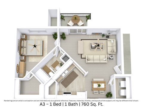 Floor plan for 1 bed, 1 bath, 760 sqft